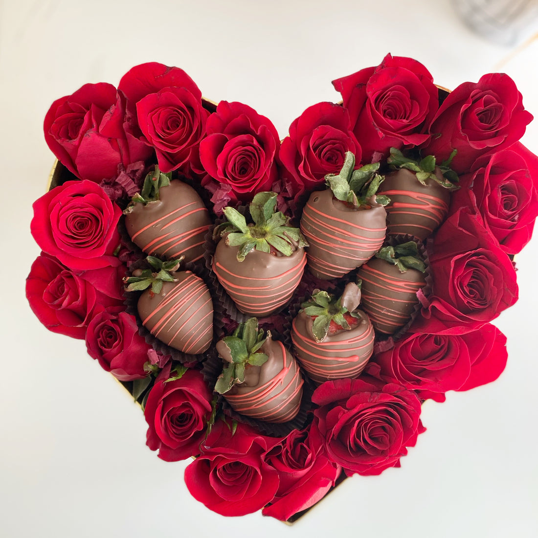 Roses and Chocolate Strawberries in Heart